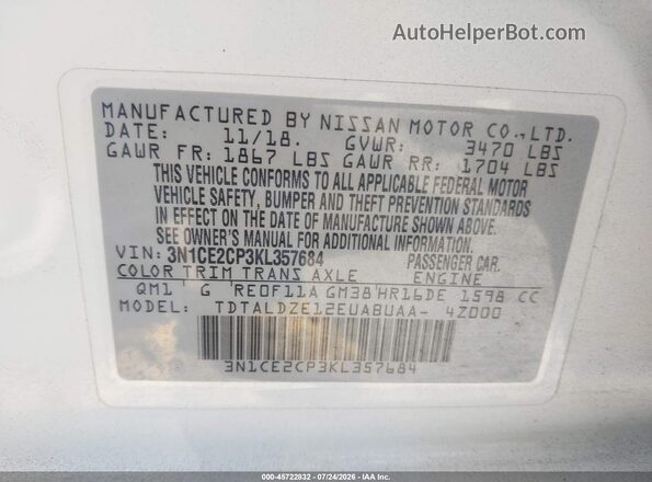 3N1CE2CP3KL357684 2019 NISSAN VERSA NOTE White Vista del compartimento del motor