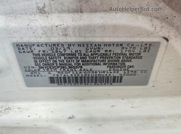 3N1CE2CP3KL365378 2019 NISSAN VERSA Белый Вид наклейки с VIN-кодом