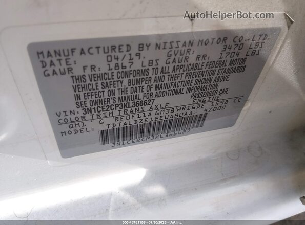 3N1CE2CP3KL366627 2019 NISSAN VERSA NOTE White ძრავის განყოფილების ხედი