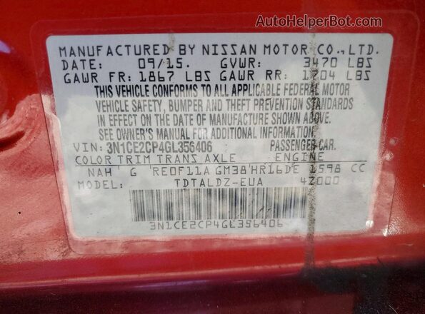 3N1CE2CP4GL356406 2016 NISSAN VERSA Red Widok komory silnika