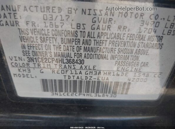 3N1CE2CP4HL368430 2017 NISSAN VERSA NOTE Black Շարժիչի բաժամունքի տեսք