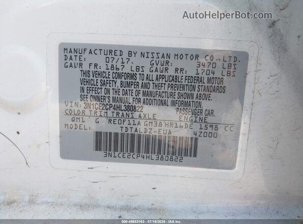3N1CE2CP4HL380822 2017 NISSAN VERSA NOTE Белый Вид подкапотного пространства