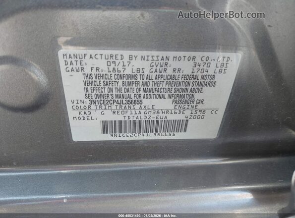 3N1CE2CP4JL356655 2018 NISSAN VERSA NOTE Gray Շարժիչի բաժամունքի տեսք