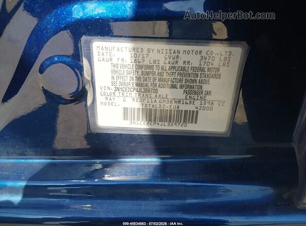 3N1CE2CP4JL359720 2018 NISSAN VERSA NOTE Blue Շարժիչի բաժամունքի տեսք