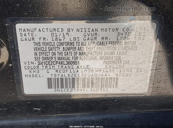 3N1CE2CP4KL360951 2019 NISSAN VERSA NOTE Black Շարժիչի բաժամունքի տեսք