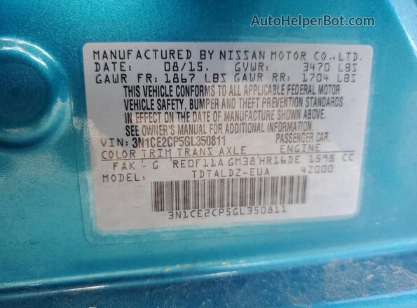 3N1CE2CP5GL350811 2016 NISSAN VERSA Turquoise Շարժիչի բաժամունքի տեսք