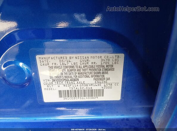 3N1CE2CP5GL403829 2016 NISSAN VERSA NOTE Blue Vista del compartimento del motor