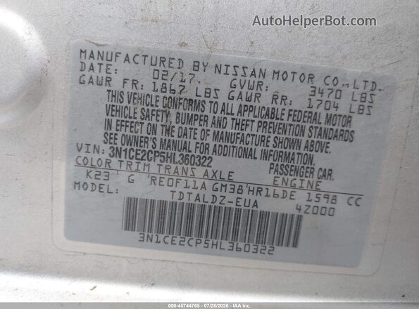 3N1CE2CP5HL360322 2017 NISSAN VERSA NOTE Silver ძრავის განყოფილების ხედი