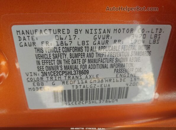 3N1CE2CP5HL378609 2017 NISSAN VERSA NOTE Orange Вид підкапотного простору