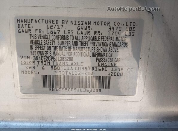 3N1CE2CP5JL363288 2018 NISSAN VERSA NOTE Silver Շարժիչի բաժամունքի տեսք
