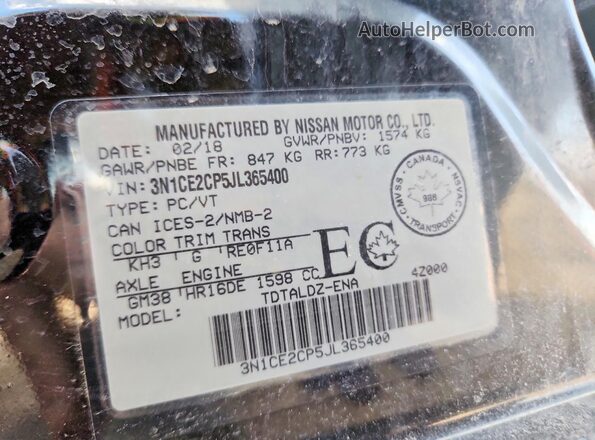 3N1CE2CP5JL365400 2018 NISSAN VERSA Black Вид підкапотного простору