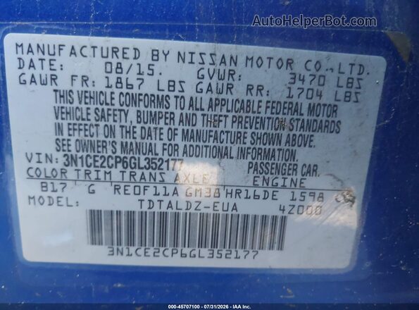 3N1CE2CP6GL352177 2016 NISSAN VERSA NOTE Синий Вид подкапотного пространства