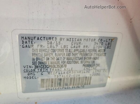 3N1CE2CP6GL353670 2016 NISSAN VERSA White Engine compartment view