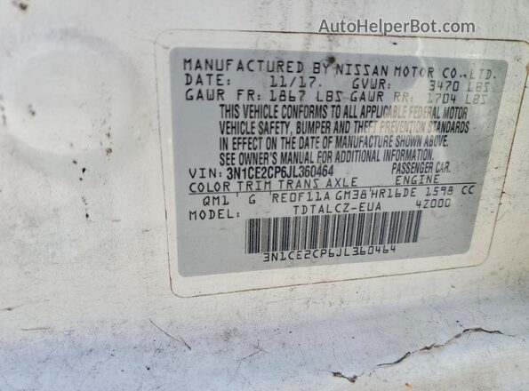 3N1CE2CP6JL360464 2018 NISSAN VERSA White Շարժիչի բաժամունքի տեսք