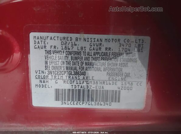 3N1CE2CP7GL386340 2016 NISSAN VERSA NOTE Red Widok komory silnika