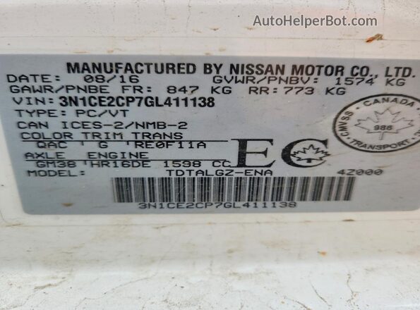 3N1CE2CP7GL411138 2016 NISSAN VERSA Белый Вид наклейки с VIN-кодом