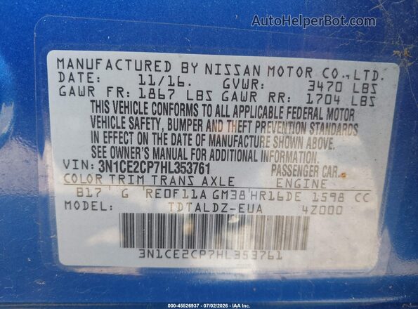3N1CE2CP7HL353761 2017 NISSAN VERSA NOTE Blue ძრავის განყოფილების ხედი