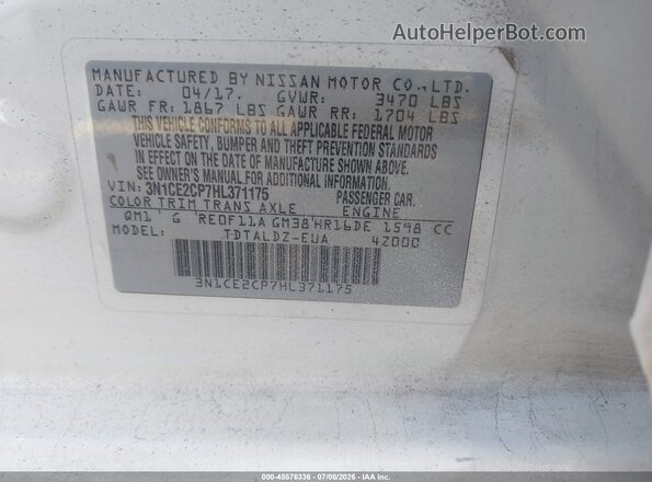 3N1CE2CP7HL371175 2017 NISSAN VERSA NOTE White Widok komory silnika
