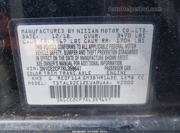 3N1CE2CP7KL359647 2019 NISSAN VERSA NOTE Black Շարժիչի բաժամունքի տեսք