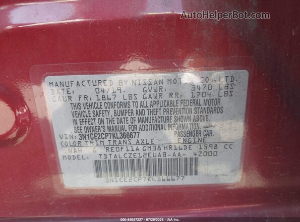 3N1CE2CP7KL366677 2019 NISSAN VERSA NOTE Red Engine compartment view