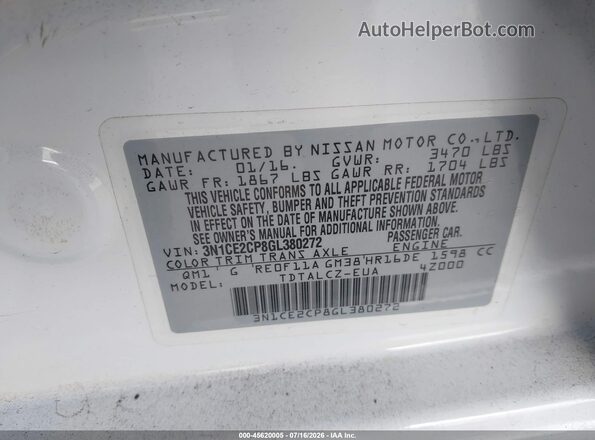 3N1CE2CP8GL380272 2016 NISSAN VERSA NOTE White ძრავის განყოფილების ხედი