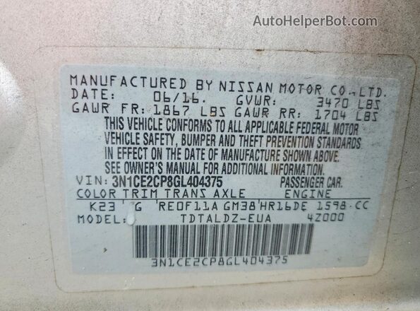 3N1CE2CP8GL404375 2016 NISSAN VERSA Silver Շարժիչի բաժամունքի տեսք