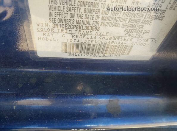 3N1CE2CP8KL363593 2019 NISSAN VERSA NOTE Blue Вид підкапотного простору