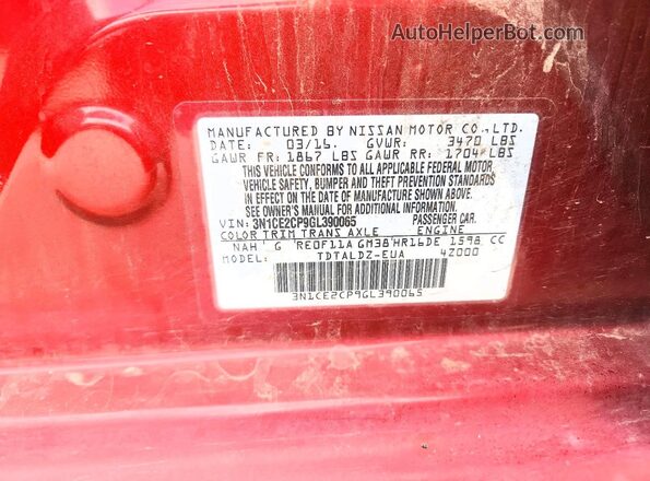 3N1CE2CP9GL390065 2016 NISSAN VERSA Maroon Vista de la etiqueta del VIN