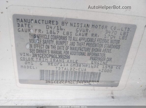 3N1CE2CP9GL395296 2016 NISSAN VERSA NOTE Белый Вид подкапотного пространства