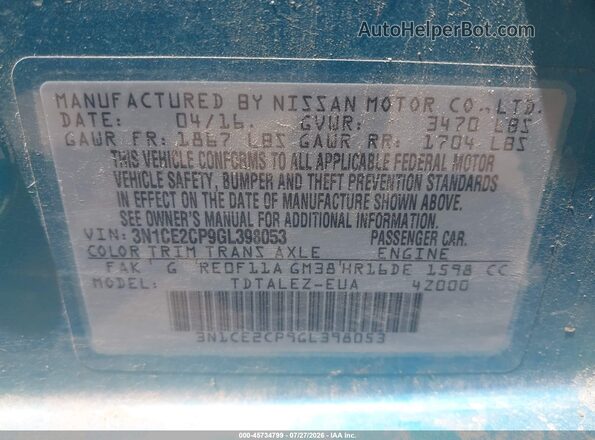 3N1CE2CP9GL398053 2016 NISSAN VERSA NOTE Blue Widok komory silnika