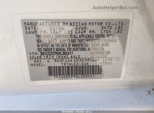 3N1CE2CP9HL352417 2017 NISSAN VERSA NOTE White Vista del compartimento del motor