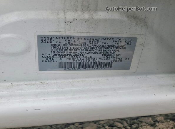 3N1CE2CP9JL352147 2018 NISSAN VERSA White Շարժիչի բաժամունքի տեսք