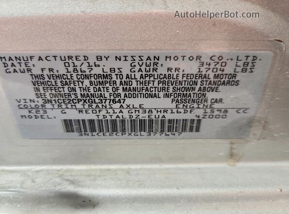 3N1CE2CPXGL377647 2016 NISSAN VERSA Silver VIN კოდის სტიკერის ხედი