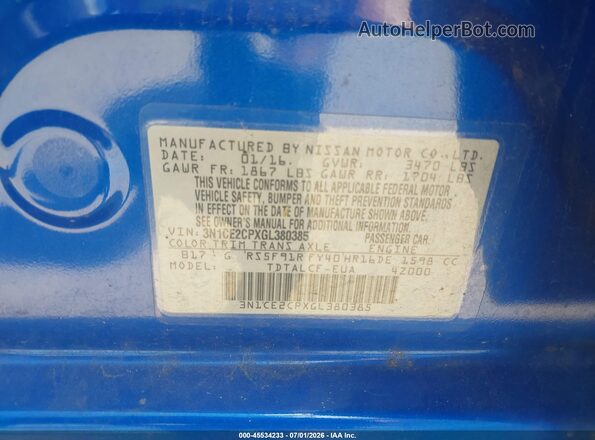 3N1CE2CPXGL380385 2016 NISSAN VERSA NOTE Синий Вид подкапотного пространства