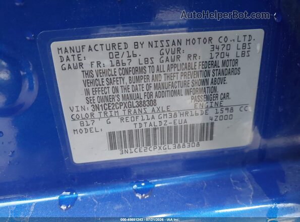 3N1CE2CPXGL388308 2016 NISSAN VERSA NOTE Blue Շարժիչի բաժամունքի տեսք