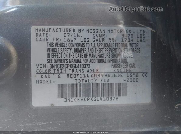 3N1CE2CPXGL410372 2016 NISSAN VERSA NOTE Gray Widok komory silnika