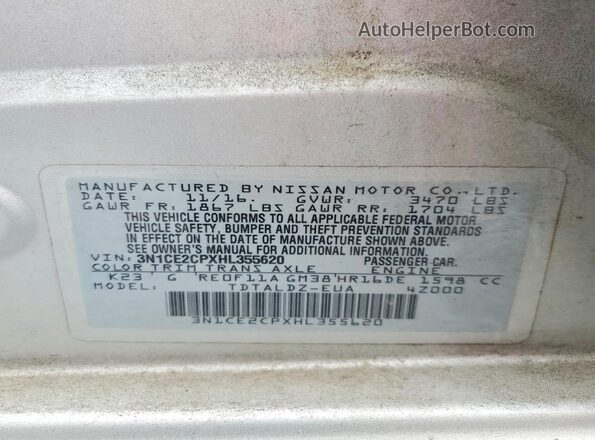 3N1CE2CPXHL355620 2017 NISSAN VERSA Silver VIN կոդի պիտակի տեսք