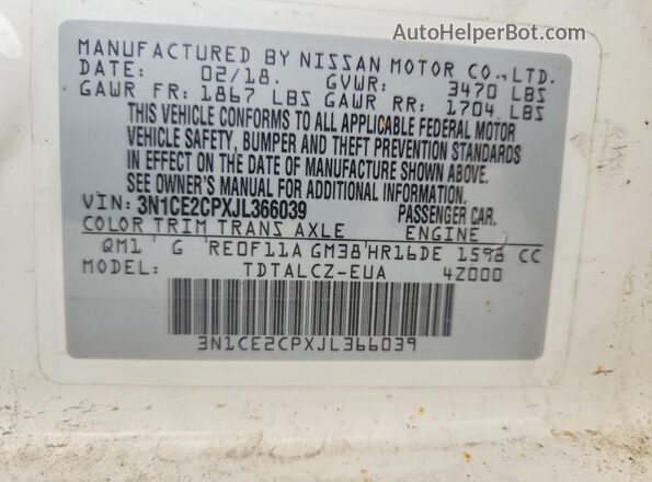 3N1CE2CPXJL366039 2018 NISSAN VERSA White Engine compartment view