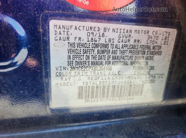3N1CE2CPXKL354166 2019 NISSAN VERSA Blue Vista de la etiqueta del VIN