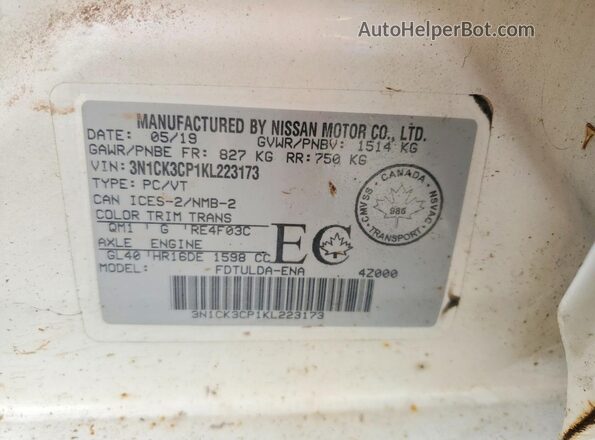 3N1CK3CP1KL223173 2019 NISSAN MICRA White VIN sticker view