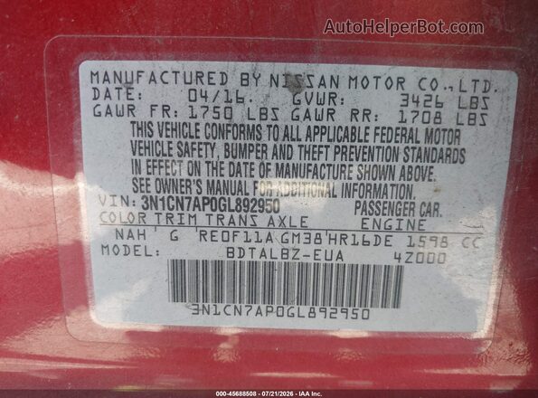 3N1CN7AP0GL892950 2016 NISSAN VERSA Red Вид підкапотного простору