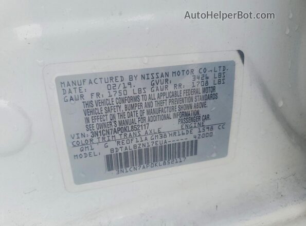 3N1CN7AP0KL852117 2019 NISSAN VERSA White Вид підкапотного простору