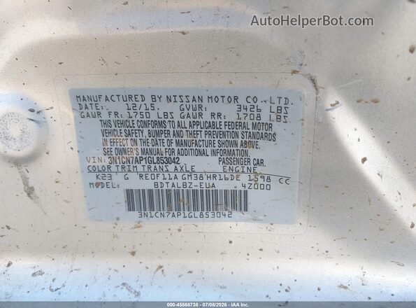 3N1CN7AP1GL853042 2016 NISSAN VERSA Silver Engine compartment view