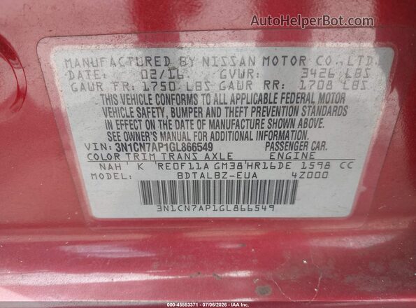 3N1CN7AP1GL866549 2016 NISSAN VERSA Красный Вид подкапотного пространства