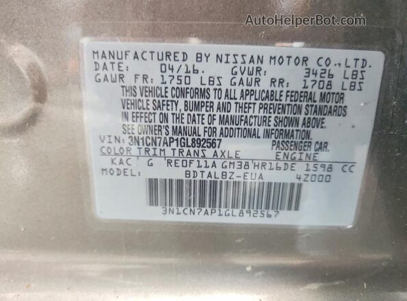 3N1CN7AP1GL892567 2016 NISSAN VERSA Gray VIN sticker view