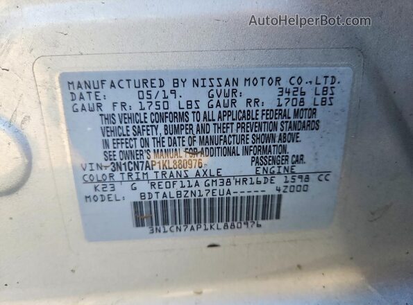 3N1CN7AP1KL880976 2019 NISSAN VERSA Silver ძრავის განყოფილების ხედი