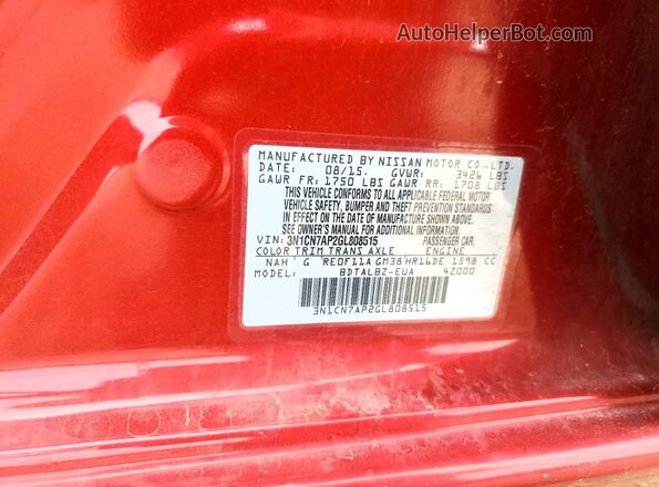 3N1CN7AP2GL808515 2016 NISSAN VERSA Красный Вид наклейки с VIN-кодом