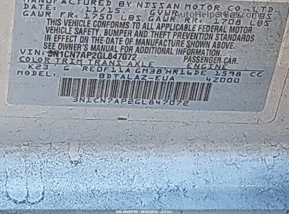 3N1CN7AP2GL847072 2016 NISSAN VERSA Silver Widok komory silnika