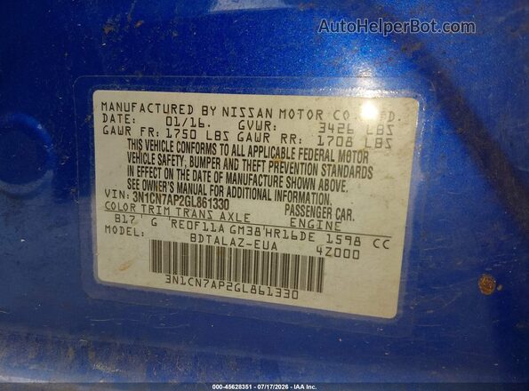 3N1CN7AP2GL861330 2016 NISSAN VERSA Blue Widok komory silnika