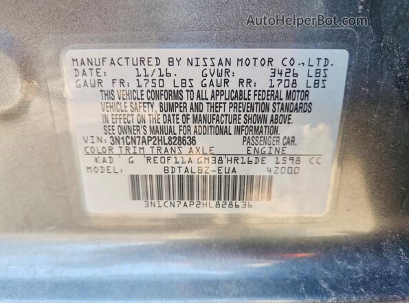 3N1CN7AP2HL828636 2017 NISSAN VERSA Серый Вид наклейки с VIN-кодом